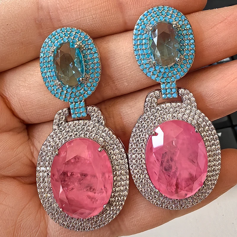 Big Round Drop Earrings for Women Luxury Jewelry Shiny Zircon Wedding Bridal Dinner Party Green Orange White Dangle Earrings