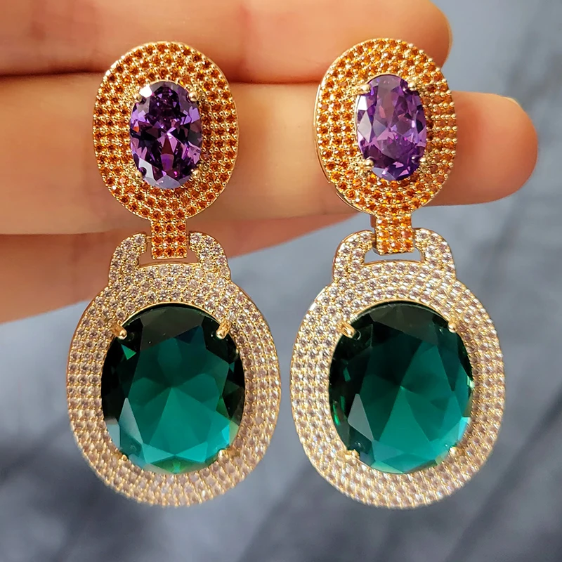 Big Round Drop Earrings for Women Luxury Jewelry Shiny Zircon Wedding Bridal Dinner Party Green Orange White Dangle Earrings