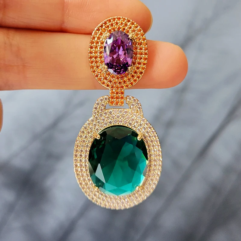 Big Round Drop Earrings for Women Luxury Jewelry Shiny Zircon Wedding Bridal Dinner Party Green Orange White Dangle Earrings