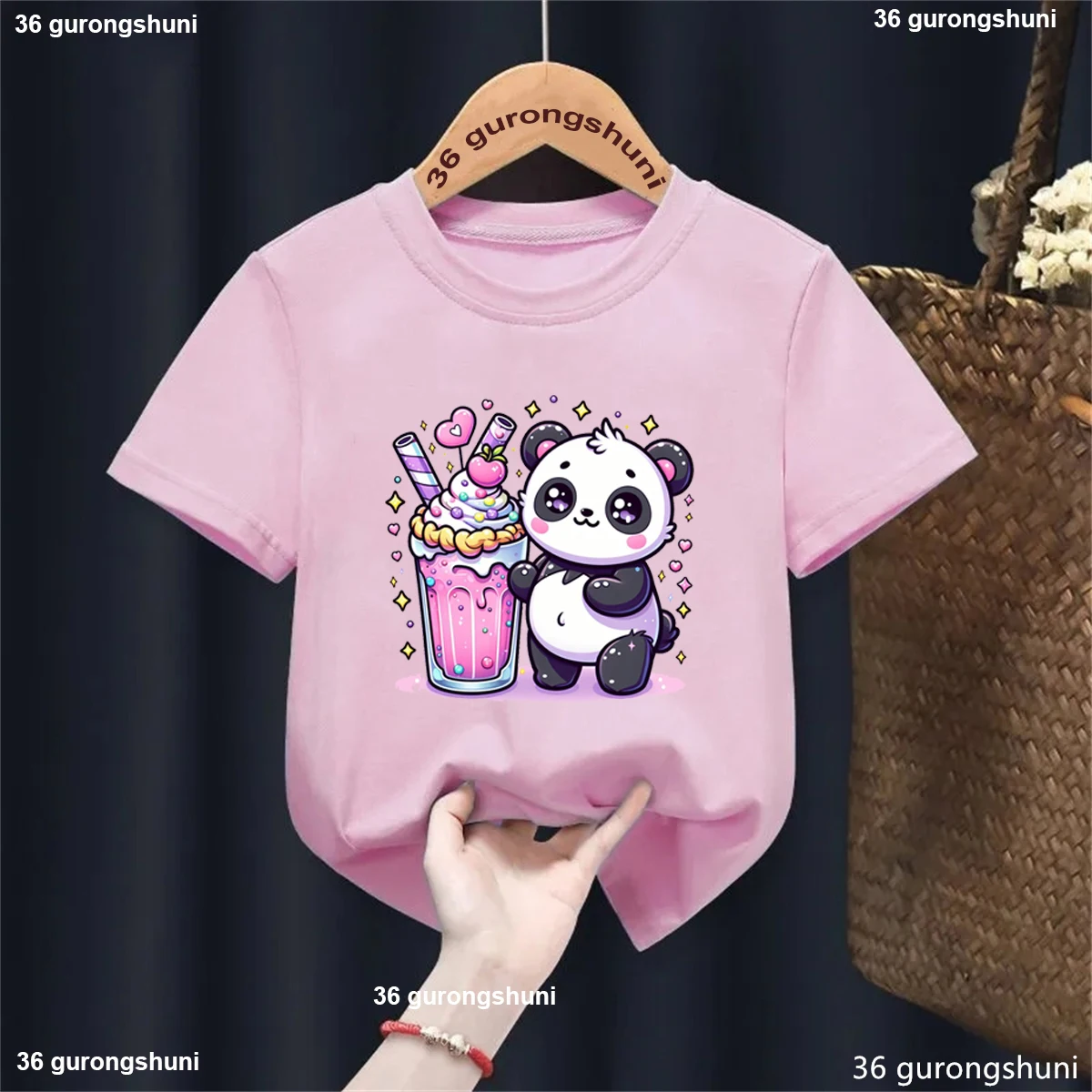 Kawaii Panda Boba Tea Tshirt,Pandas Love To Eat Ice Cream Cartoon Printed Girls T-Shirt Fashion Cute Children'S T Shirt Tops