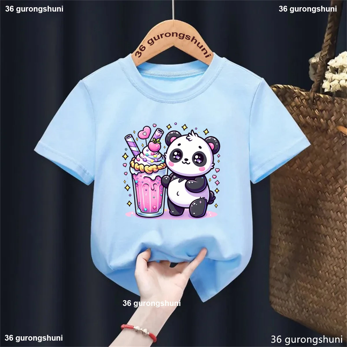 Kawaii Panda Boba Tea Tshirt,Pandas Love To Eat Ice Cream Cartoon Printed Girls T-Shirt Fashion Cute Children'S T Shirt Tops
