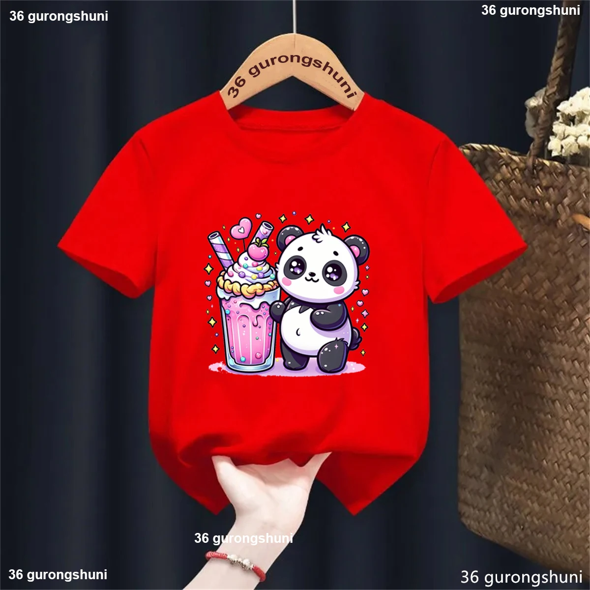 Kawaii Panda Boba Tea Tshirt,Pandas Love To Eat Ice Cream Cartoon Printed Girls T-Shirt Fashion Cute Children'S T Shirt Tops
