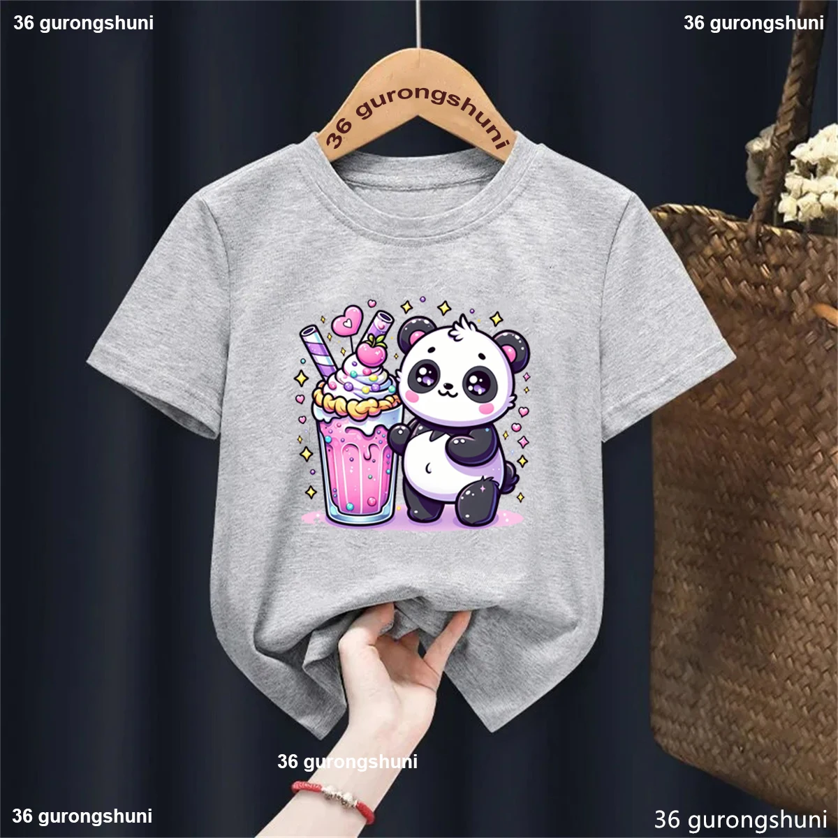 Kawaii Panda Boba Tea Tshirt,Pandas Love To Eat Ice Cream Cartoon Printed Girls T-Shirt Fashion Cute Children'S T Shirt Tops