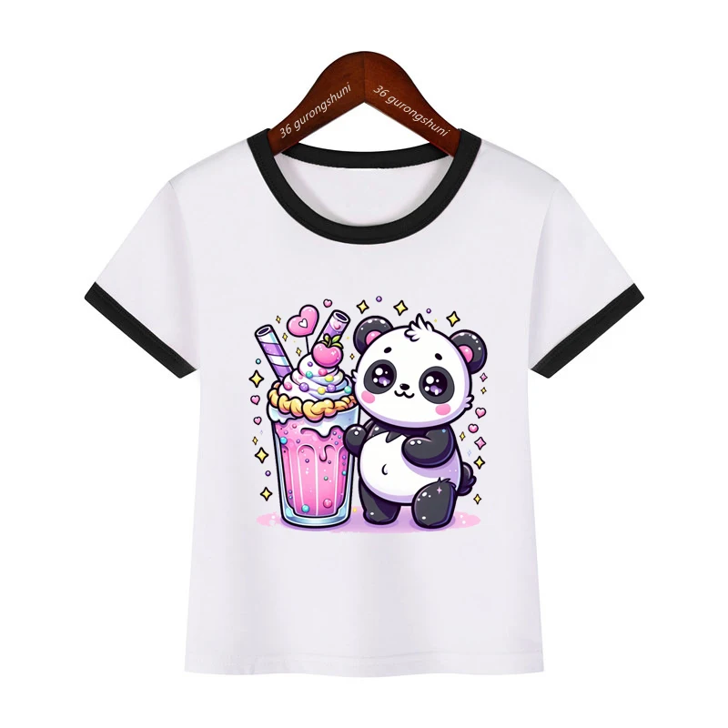 Kawaii Panda Boba Tea Tshirt,Pandas Love To Eat Ice Cream Cartoon Printed Girls T-Shirt Fashion Cute Children'S T Shirt Tops