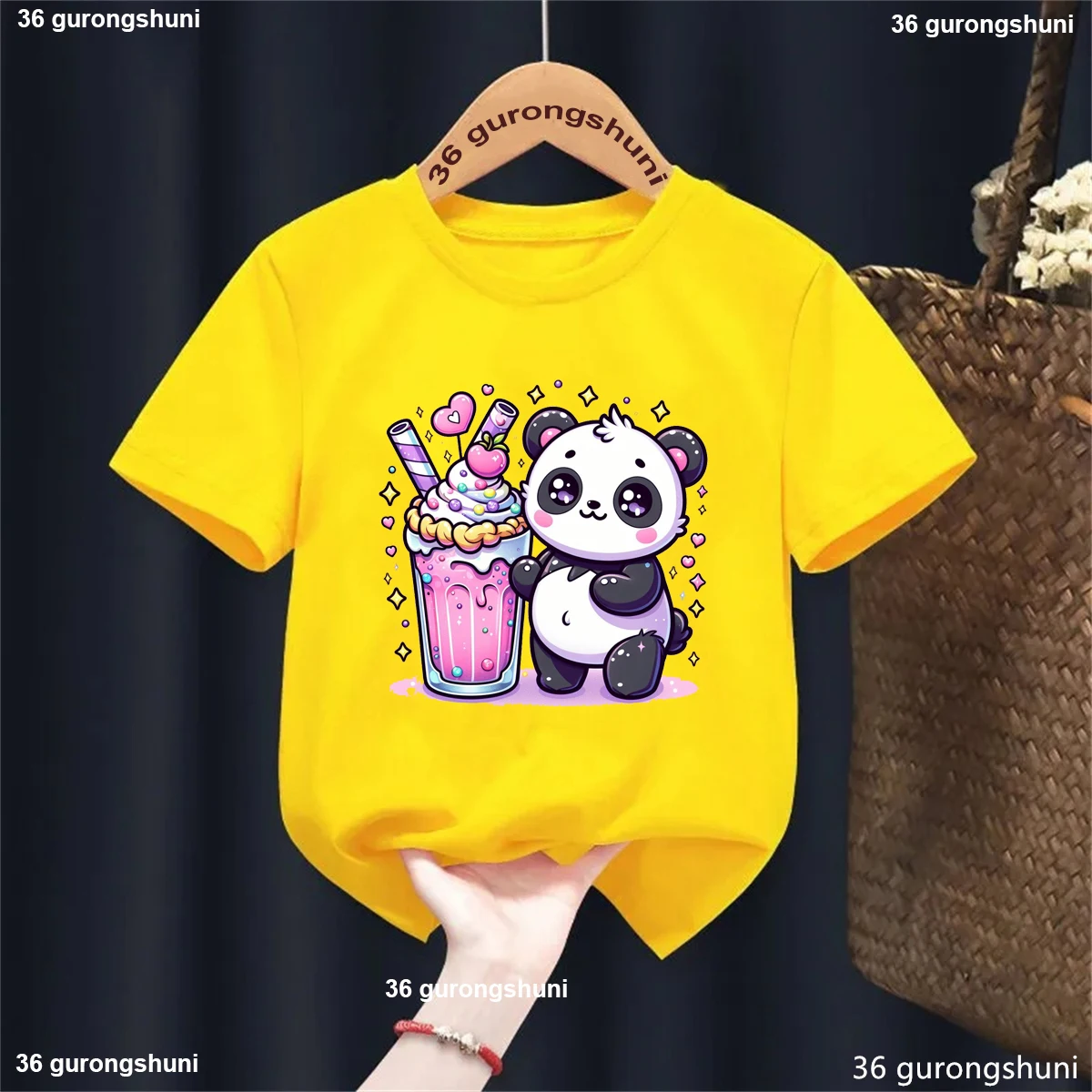 Kawaii Panda Boba Tea Tshirt,Pandas Love To Eat Ice Cream Cartoon Printed Girls T-Shirt Fashion Cute Children'S T Shirt Tops