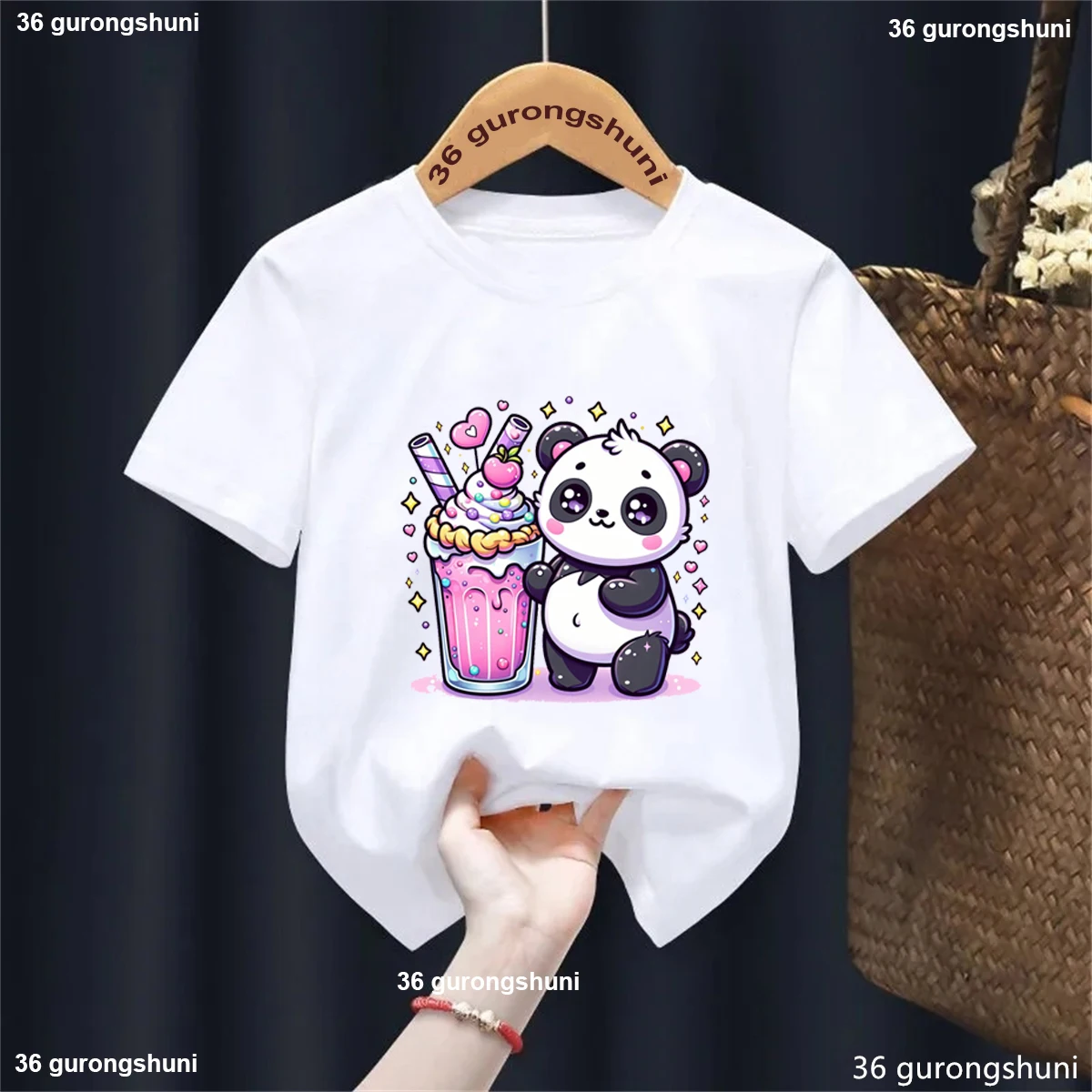 Kawaii Panda Boba Tea Tshirt,Pandas Love To Eat Ice Cream Cartoon Printed Girls T-Shirt Fashion Cute Children'S T Shirt Tops