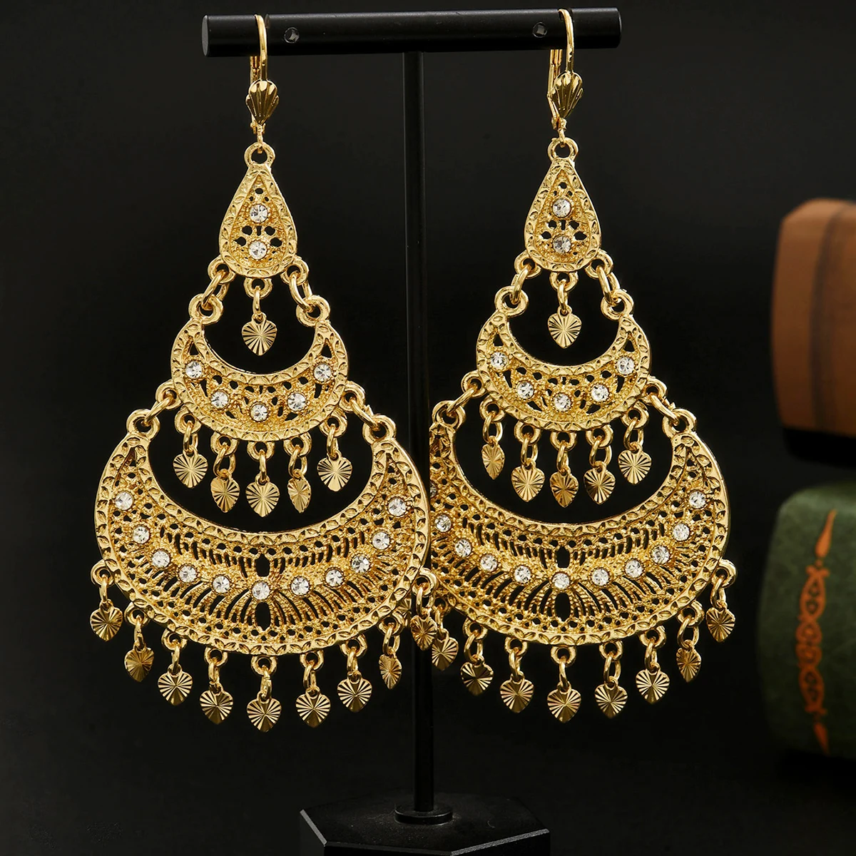 Vintage Boho 24K Gold Plated Heart Tassel Earrings Hollow Moon Design Long Earrings Arabic Bride Copper Jewelry Ramadan Gifts