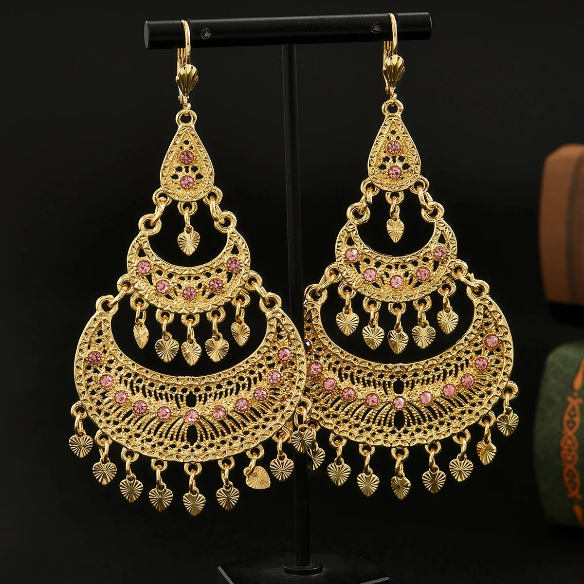 Vintage Boho 24K Gold Plated Heart Tassel Earrings Hollow Moon Design Long Earrings Arabic Bride Copper Jewelry Ramadan Gifts