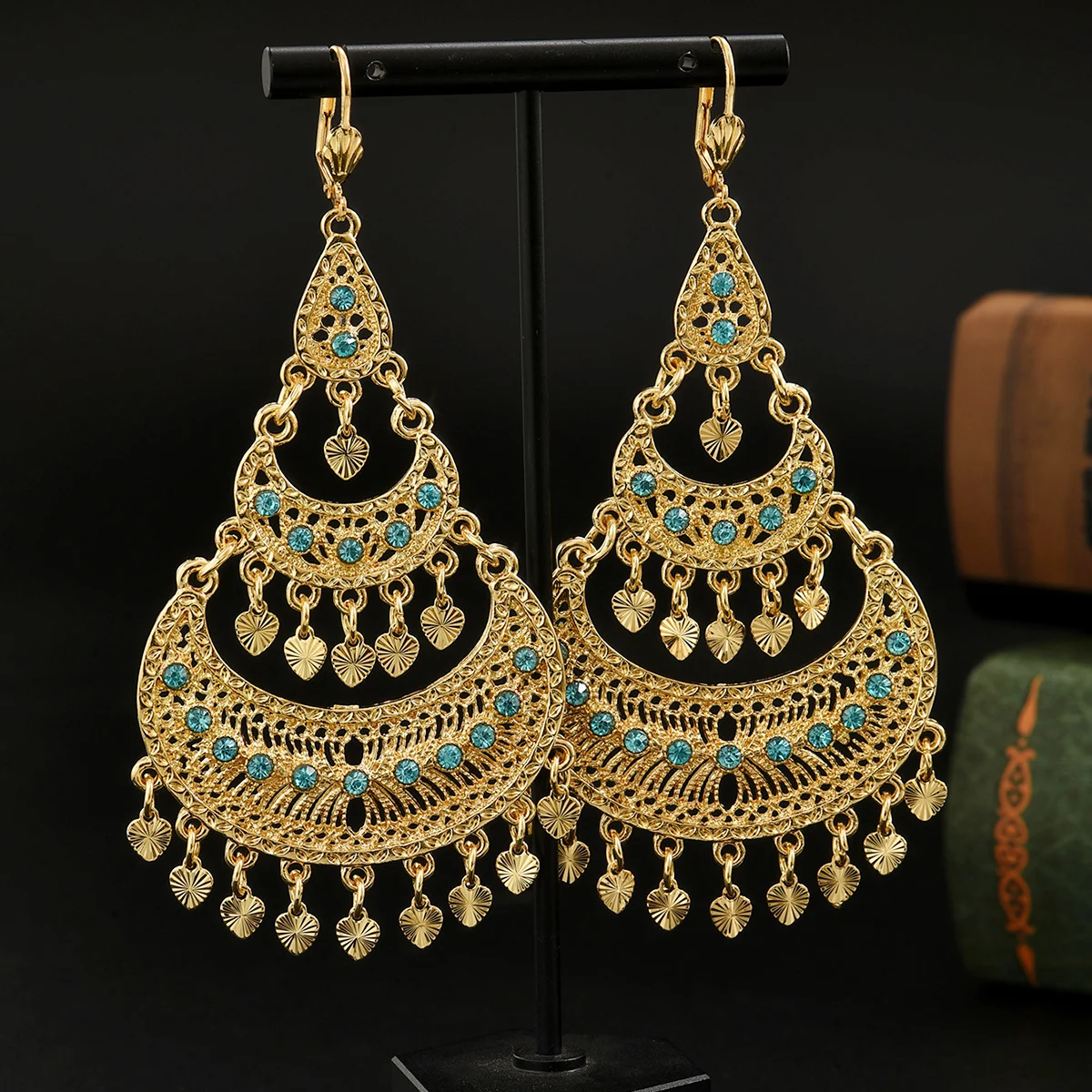 Vintage Boho 24K Gold Plated Heart Tassel Earrings Hollow Moon Design Long Earrings Arabic Bride Copper Jewelry Ramadan Gifts