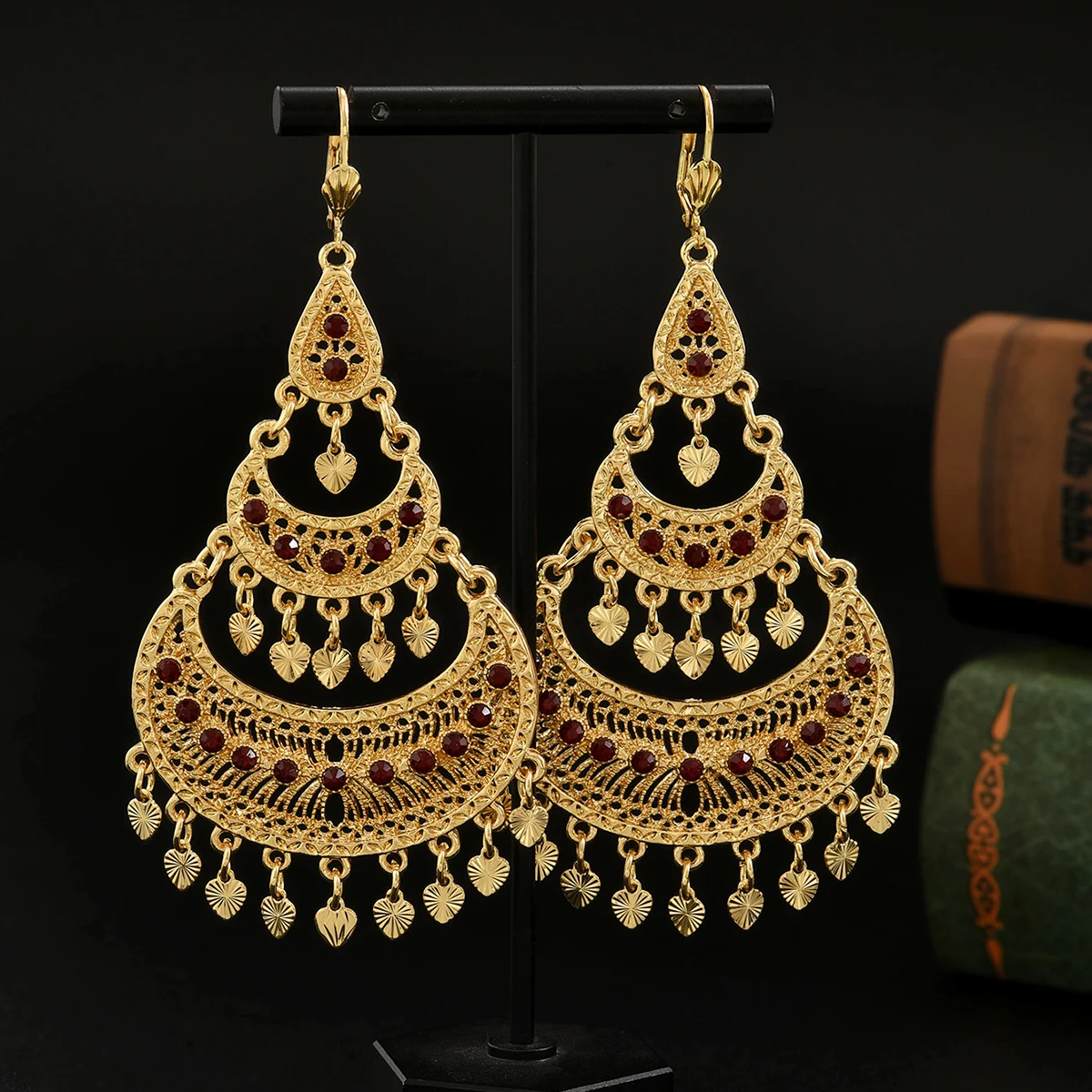 Vintage Boho 24K Gold Plated Heart Tassel Earrings Hollow Moon Design Long Earrings Arabic Bride Copper Jewelry Ramadan Gifts