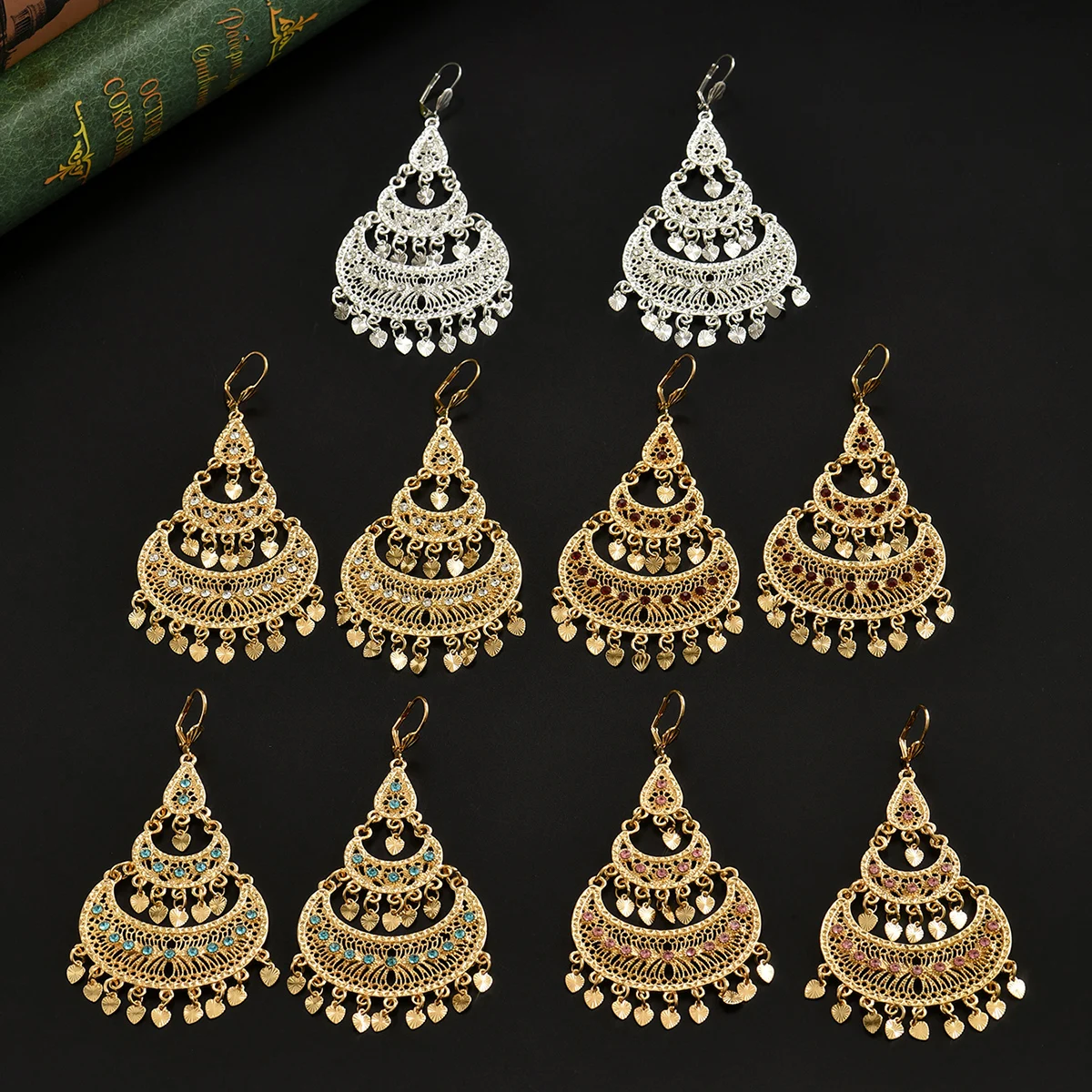 Vintage Boho 24K Gold Plated Heart Tassel Earrings Hollow Moon Design Long Earrings Arabic Bride Copper Jewelry Ramadan Gifts
