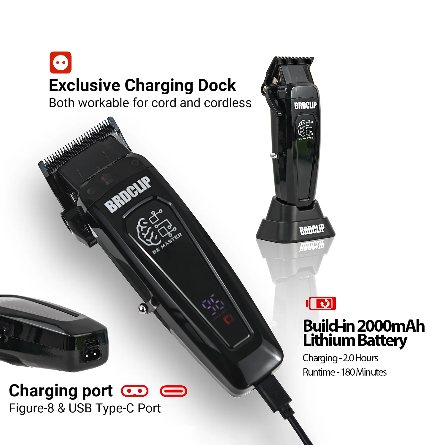 BRDCLIP BRD-106 7500RPM Professional Men's Hair Clipper with Base Charger DLC Hair Cutting Machine Hair Trimmer
