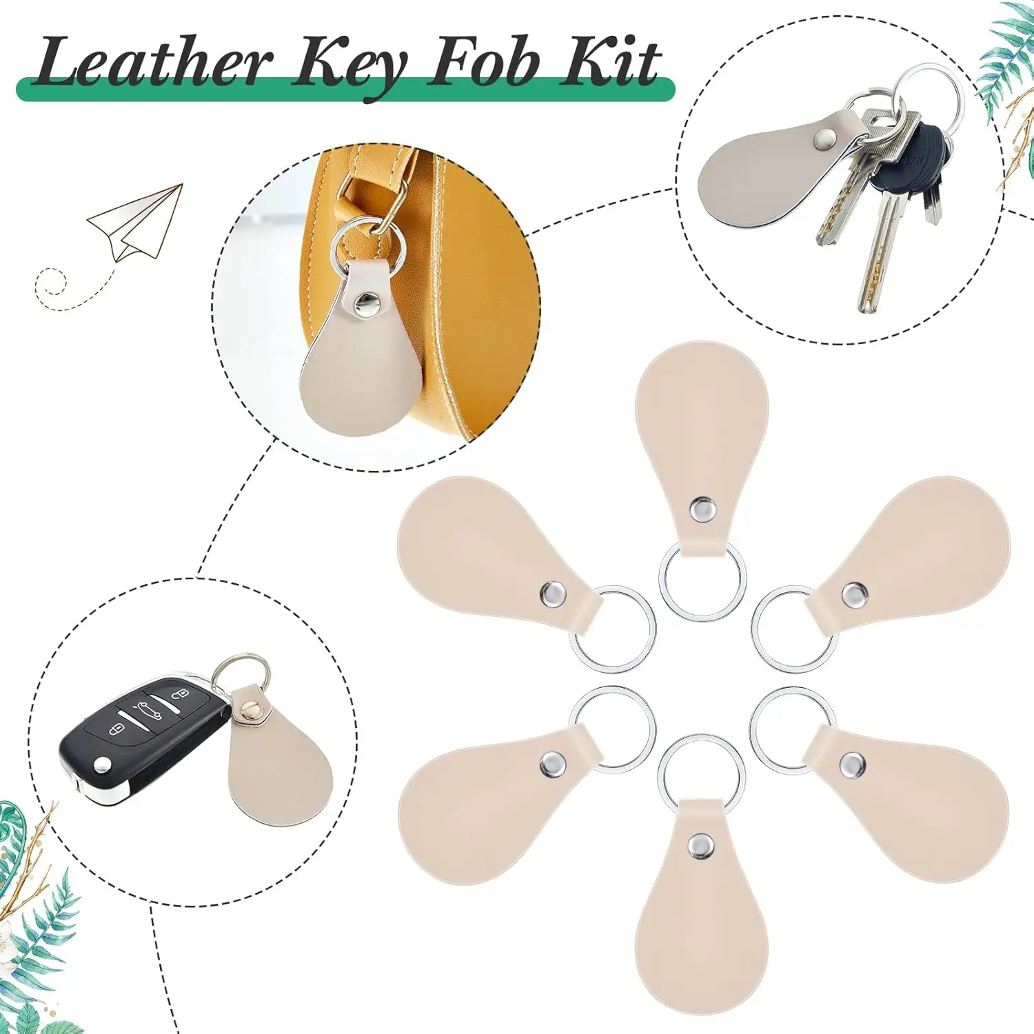 20pcs/set Leather Key Fob Kit DIY Craft PU Blank with Rivets&Key Ring for Laser Engraving Keychain