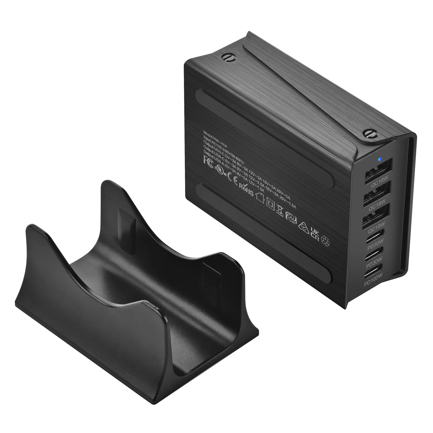 USB-C Fast Charning 200W 6-Port Charging Station Hub PD Charger for Phones and Tablets, Portable Design