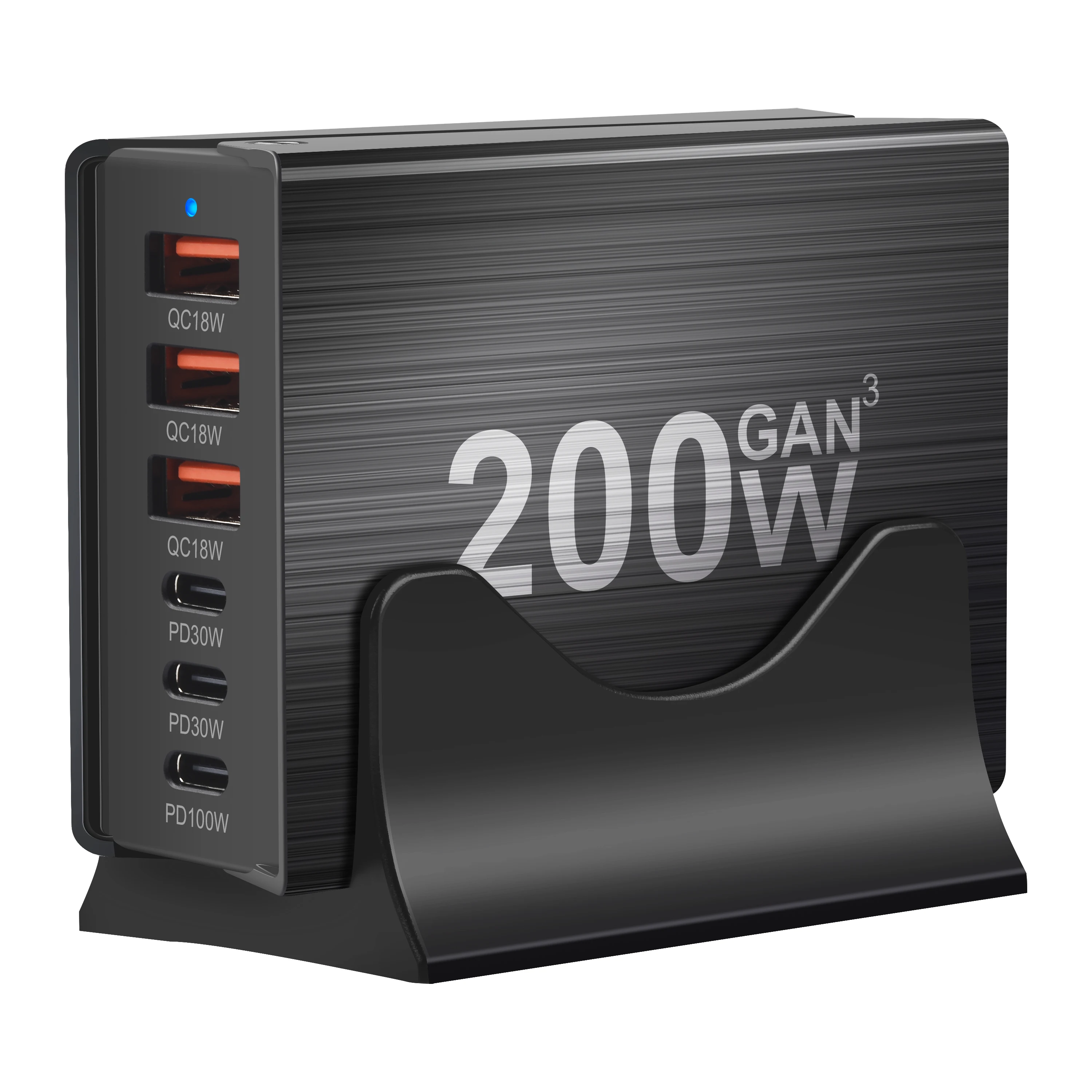USB-C Fast Charning 200W 6-Port Charging Station Hub PD Charger for Phones and Tablets, Portable Design