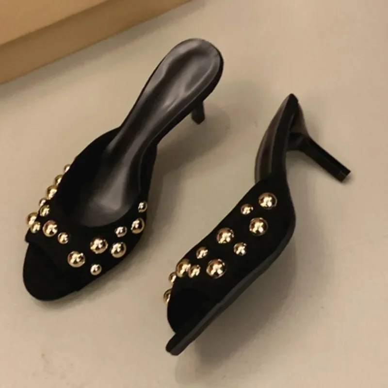 Novelty Thin Heels Peep Toes Sandalias De Mujer Crystal Square Toes Slip On Woman Slippers Solid Patent Leather Zapatos Mujer 42