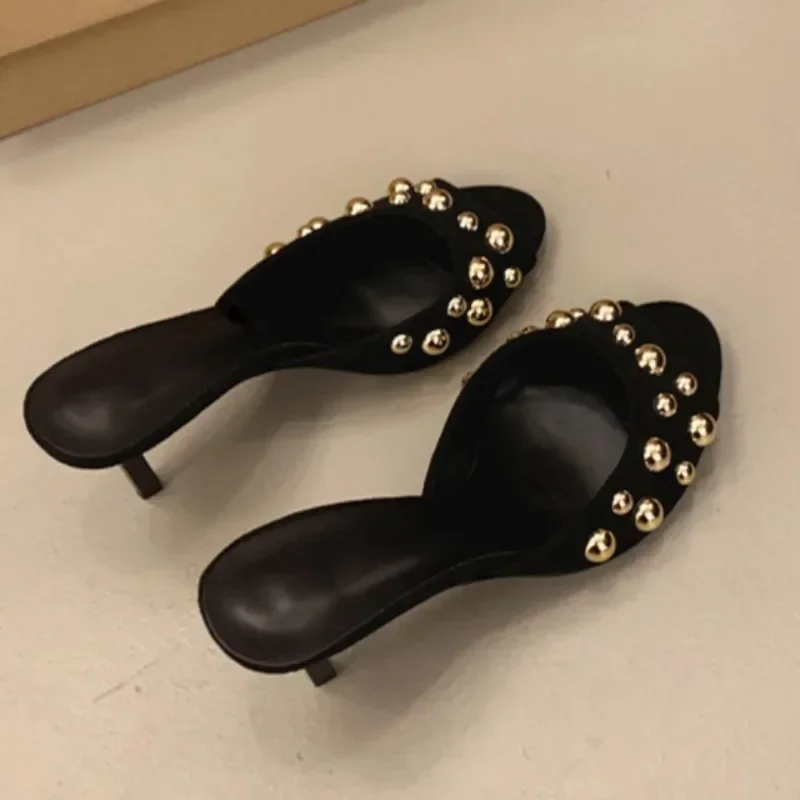 Novelty Thin Heels Peep Toes Sandalias De Mujer Crystal Square Toes Slip On Woman Slippers Solid Patent Leather Zapatos Mujer 42