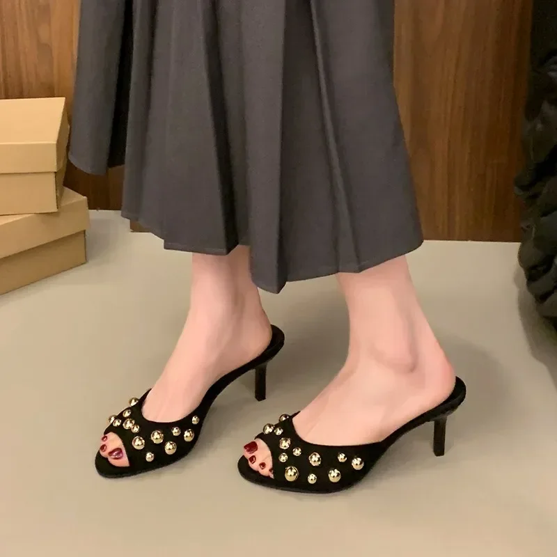 Novelty Thin Heels Peep Toes Sandalias De Mujer Crystal Square Toes Slip On Woman Slippers Solid Patent Leather Zapatos Mujer 42