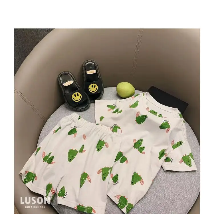 Summer Home Clothes Air-conditioned Clothes Boys and Girls Ice Silk Fabric Loose Short Sleeved Shorts Two-piece Set of Pajamas