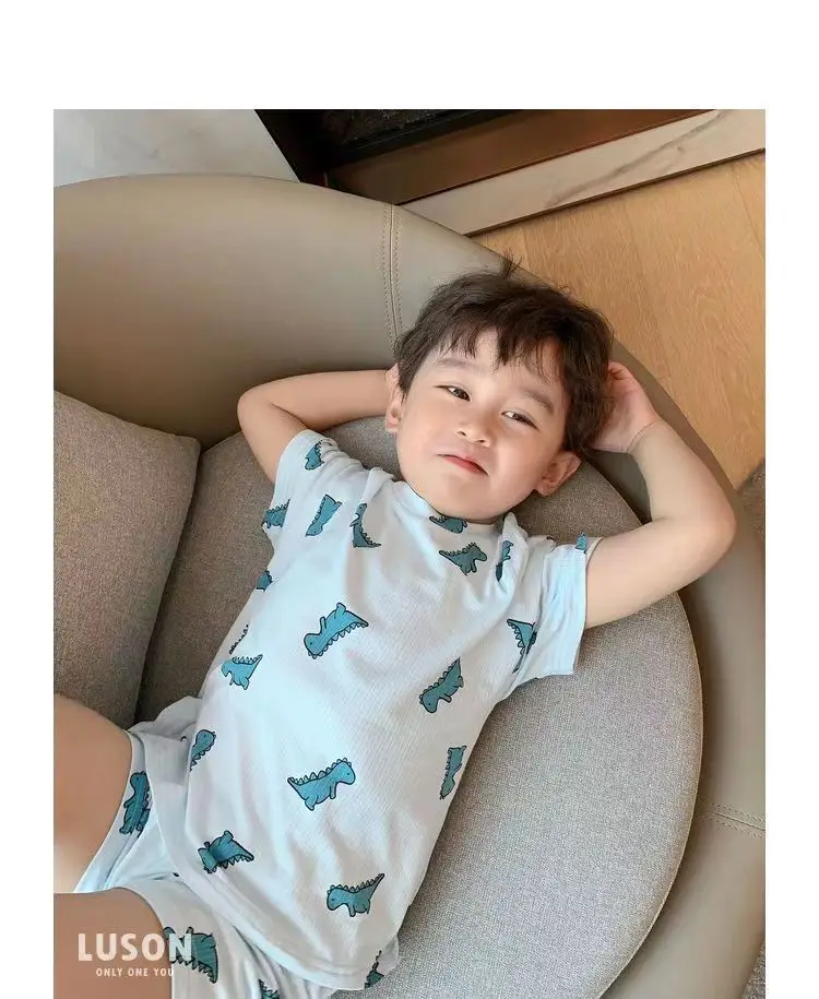 Summer Home Clothes Air-conditioned Clothes Boys and Girls Ice Silk Fabric Loose Short Sleeved Shorts Two-piece Set of Pajamas