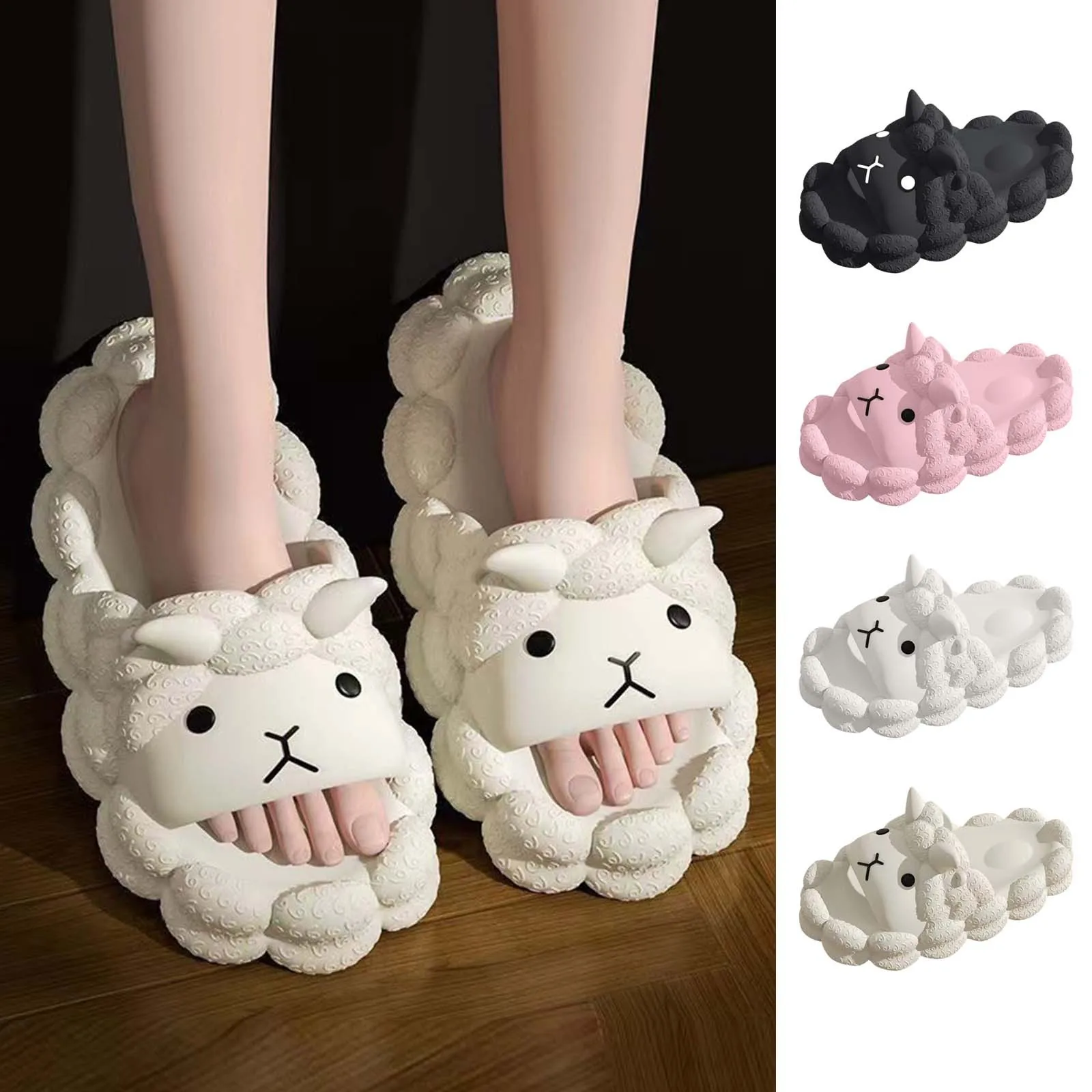 Cute Sheep Women's Slippers Soft Thick Sole Pvc Bathroom Slipper Cartoon Printed Anti Slip Couples Home Slippers