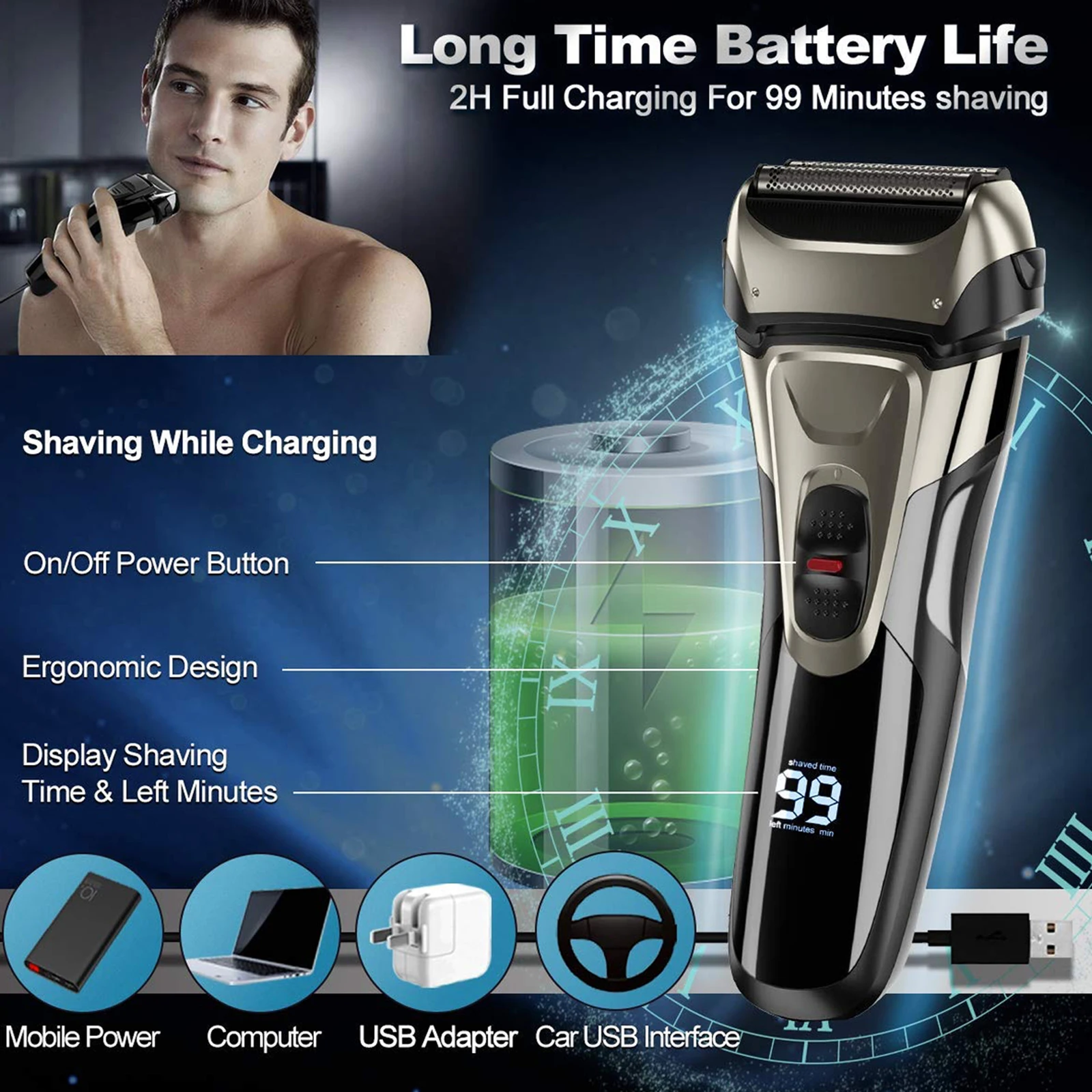 Pop-Up Trimmer Electric Shaver Stainless Steel Shaving Machine Men's 3D Triple Floating Blade Razor Shaver Barber Trimmer FK-605