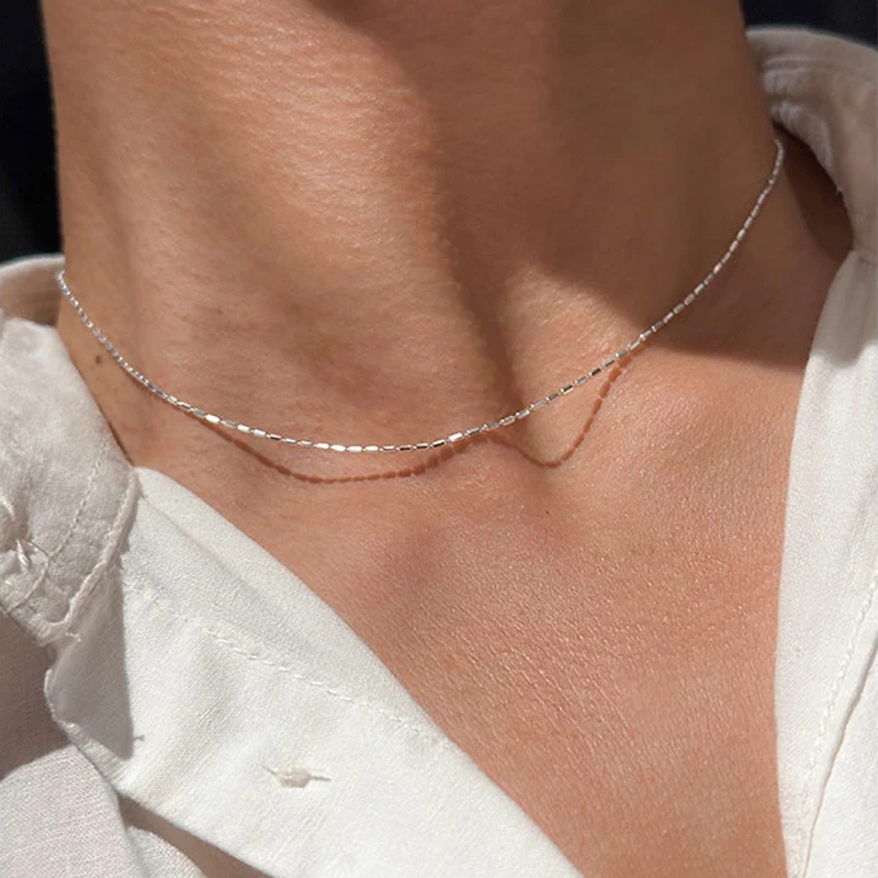 925 Sterling Silver Necklace With Simple Geometric Bead Choker Shiny And Delicate Collarbone Chain For Women's Fashion Jewellery