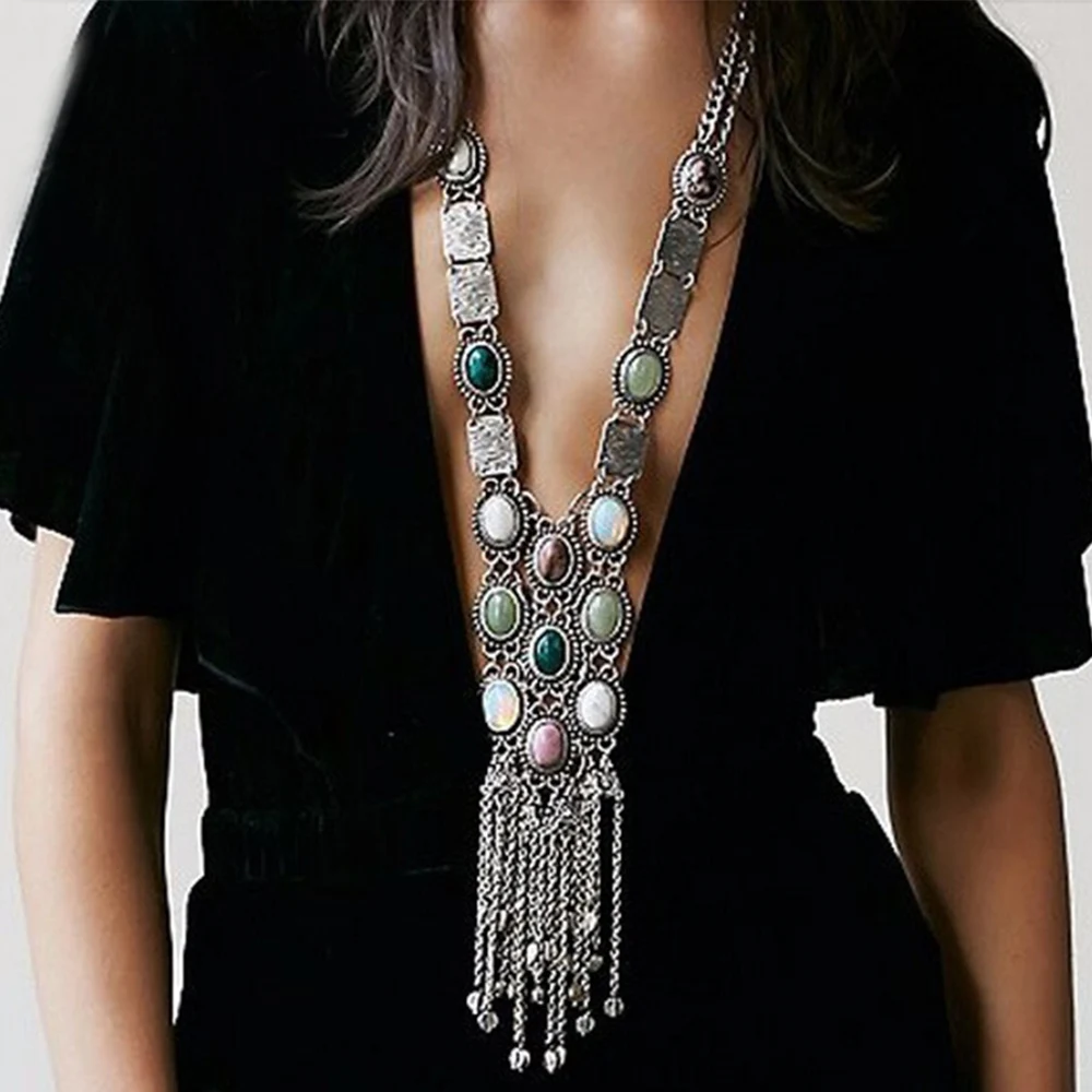 Multi Layer Colorful Turquoise Gemstone Bell Tassel Necklace Retro Ethnic Bib Long Geometry Pendant Collar Gypsy India Jewelry