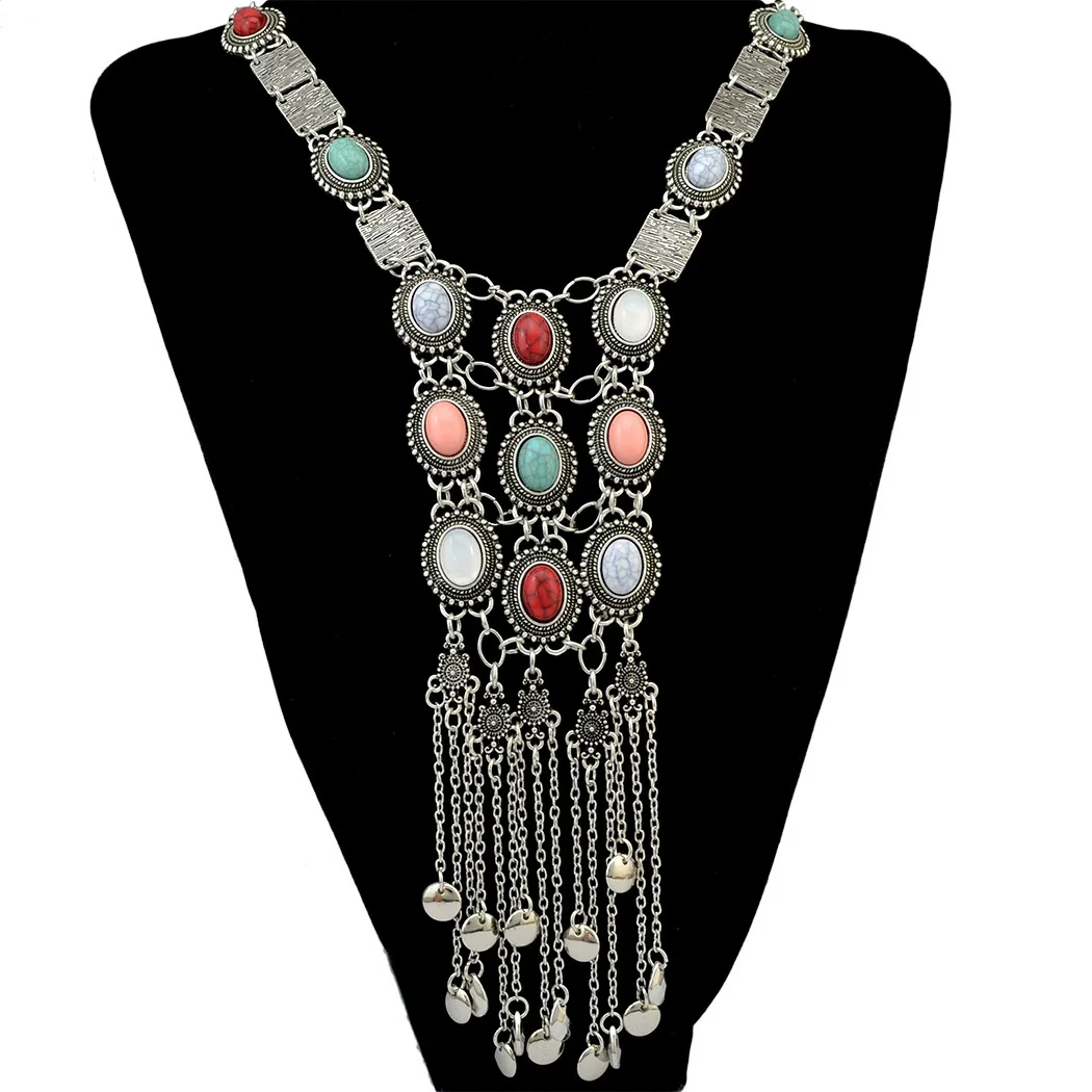 Multi Layer Colorful Turquoise Gemstone Bell Tassel Necklace Retro Ethnic Bib Long Geometry Pendant Collar Gypsy India Jewelry