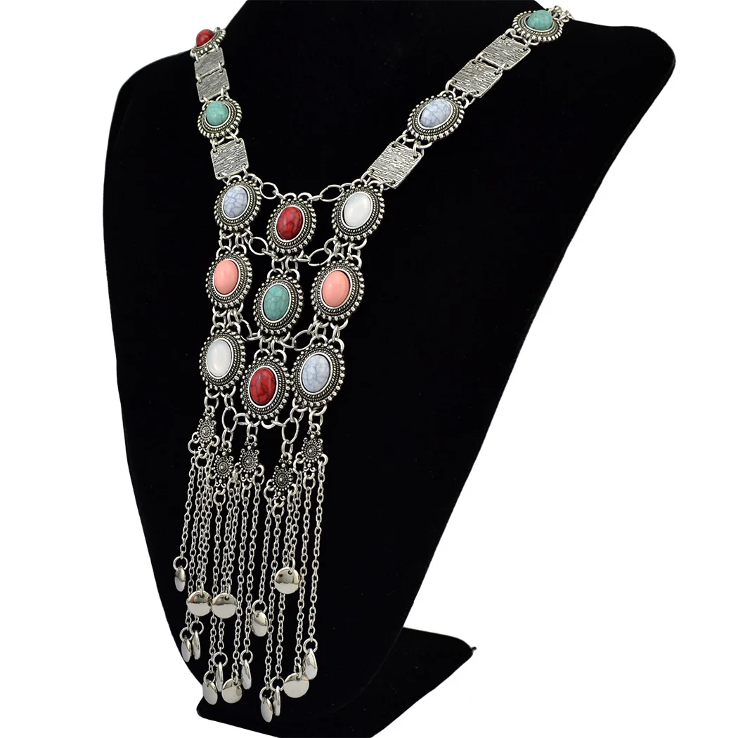 Multi Layer Colorful Turquoise Gemstone Bell Tassel Necklace Retro Ethnic Bib Long Geometry Pendant Collar Gypsy India Jewelry