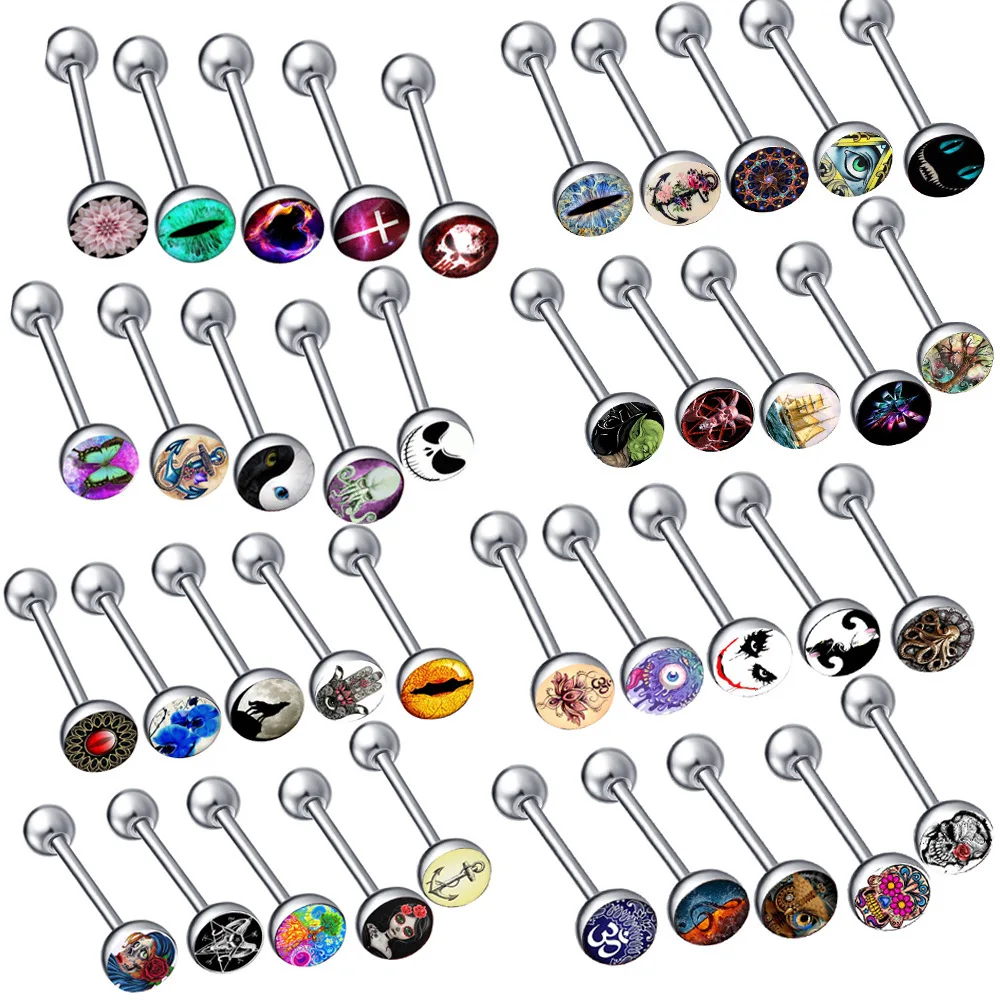 Bulk Mixed Random Pattern 16/19/22mmTongue Bar Barbell 5mm/7mm Ball Surgical Steel Body Piercing 14g 1.6mm