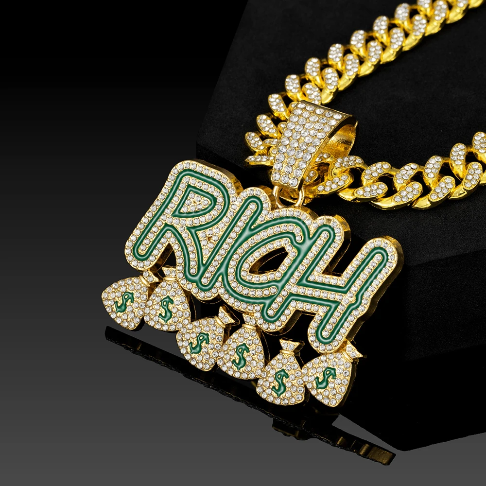 Hip Hop Men Women Become Rich Money Bag Pendant Necklace，With 13mm Miami Cuban Link Chain Necklaces Trendy Dollar Sign Neck Wear