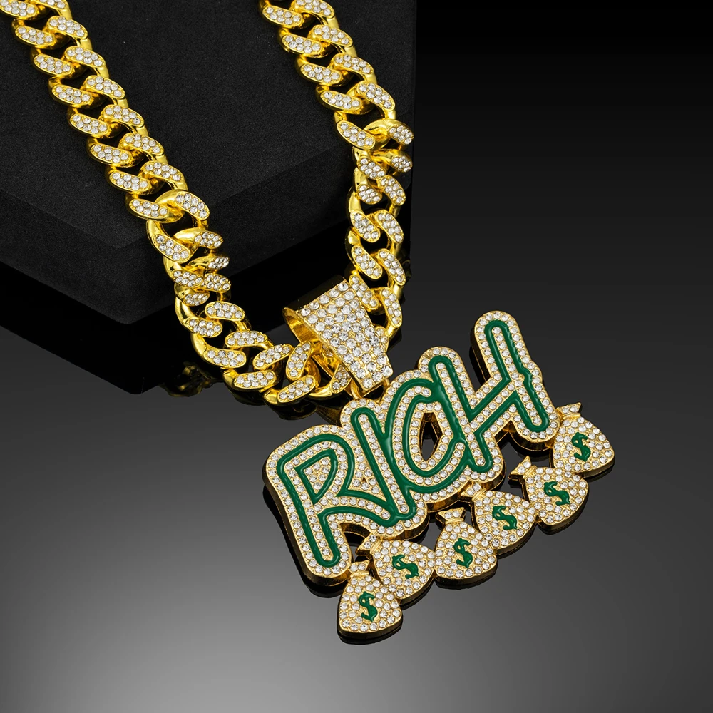Hip Hop Men Women Become Rich Money Bag Pendant Necklace，With 13mm Miami Cuban Link Chain Necklaces Trendy Dollar Sign Neck Wear