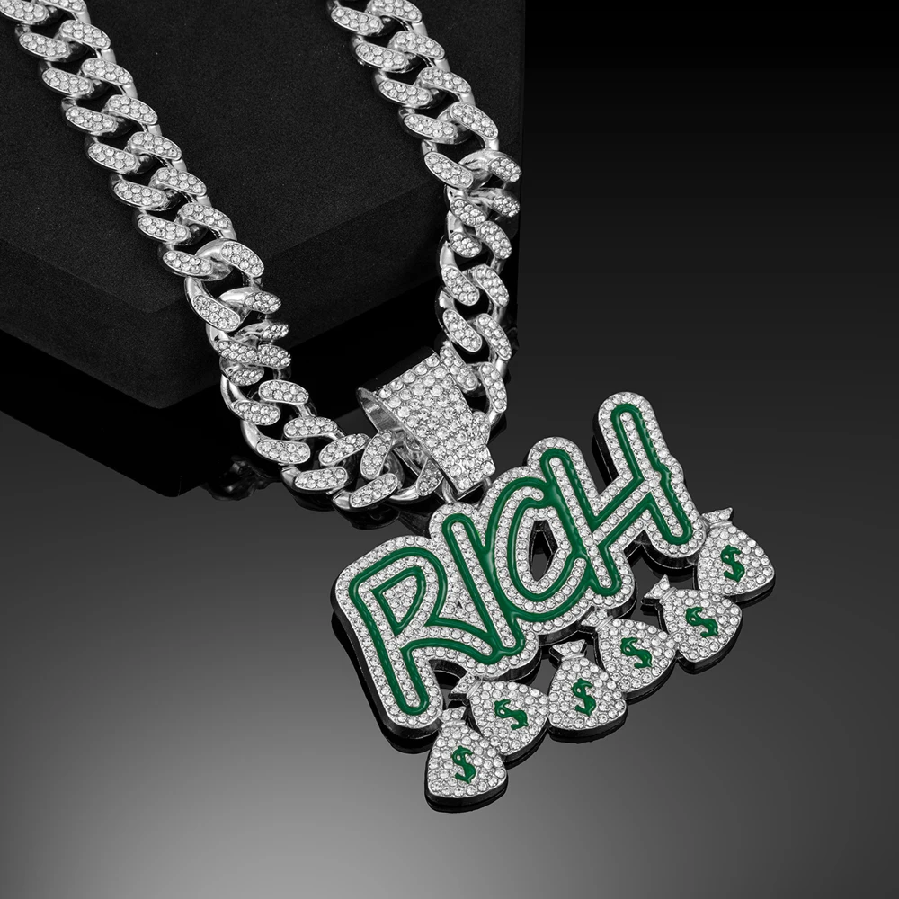 Hip Hop Men Women Become Rich Money Bag Pendant Necklace，With 13mm Miami Cuban Link Chain Necklaces Trendy Dollar Sign Neck Wear
