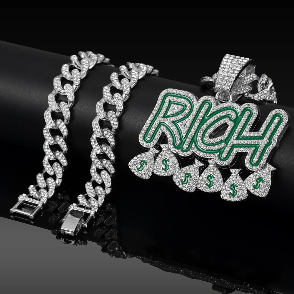 Hip Hop Men Women Become Rich Money Bag Pendant Necklace，With 13mm Miami Cuban Link Chain Necklaces Trendy Dollar Sign Neck Wear
