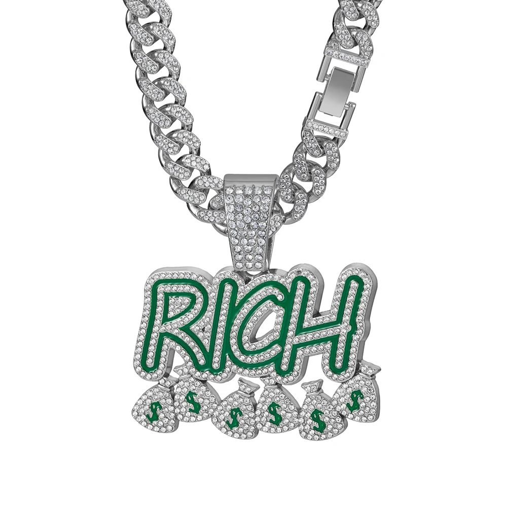 Hip Hop Men Women Become Rich Money Bag Pendant Necklace，With 13mm Miami Cuban Link Chain Necklaces Trendy Dollar Sign Neck Wear