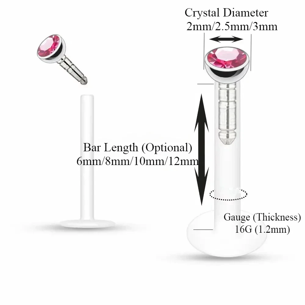 4X 2/2.5/3mm Crystal Push In Acrylic Labret Ring Monroe Lip 6/8/10/12mm Bar Flat Back Ear Stud Flexible Piercing 16g