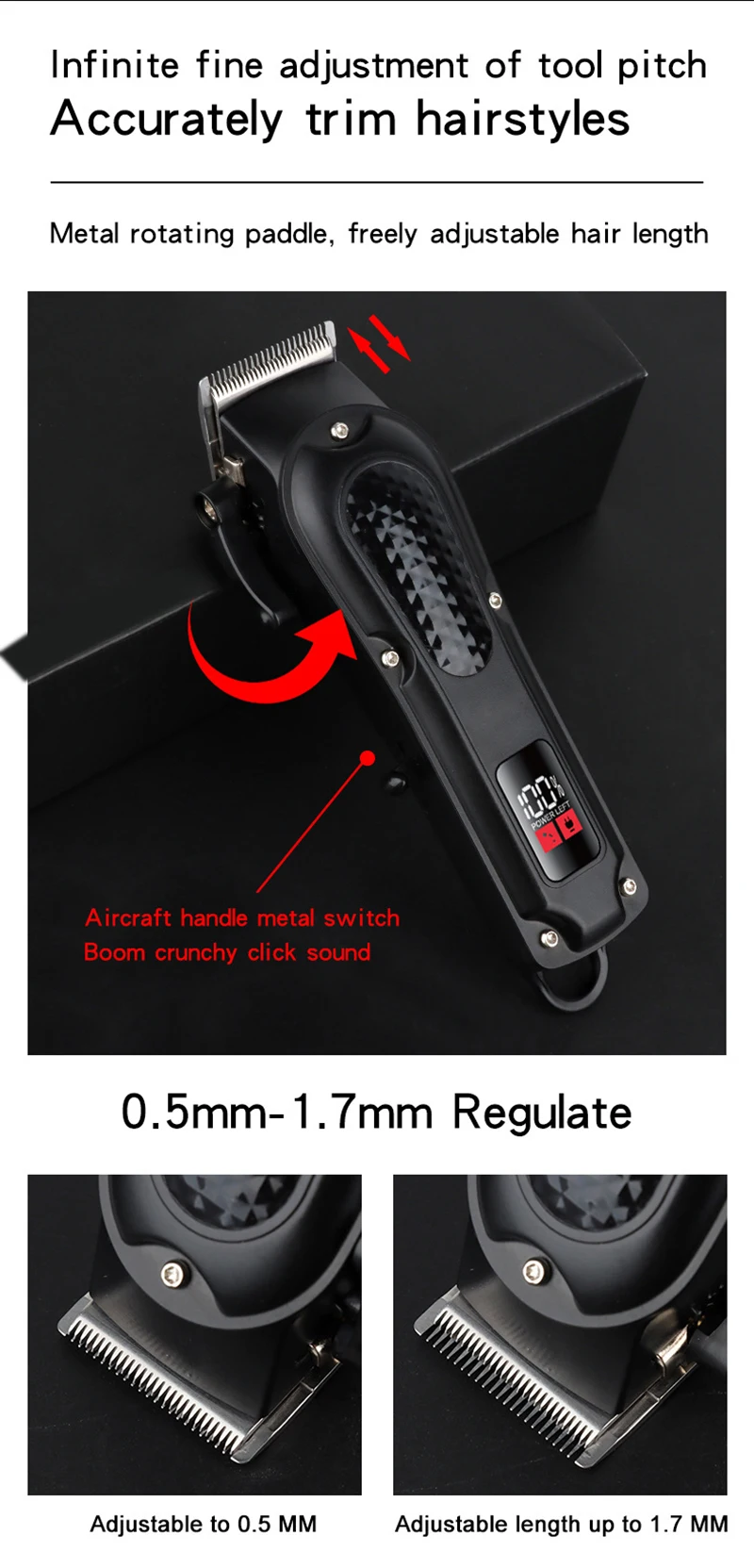 Barber Electric Hair Trimmer Men Rechargeable Cordless Beard Shaver Hair Length Adjustable Electric Hair Clipper Trimming Tool