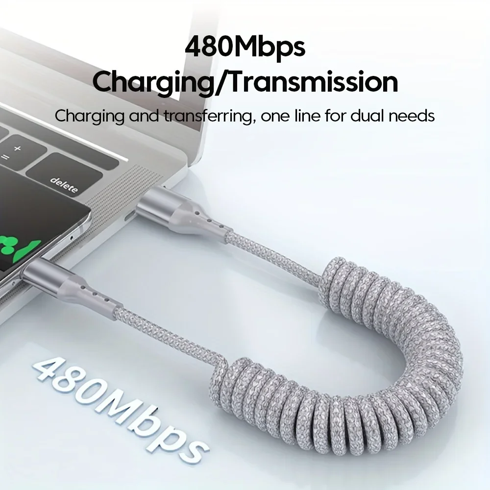 25CM To 1.5M Car Spring Charge Cable 100W Fast Charging USB C To Type C Cable For iPhone 16 15 Huawei Xiaomi Samsung Type C Cord