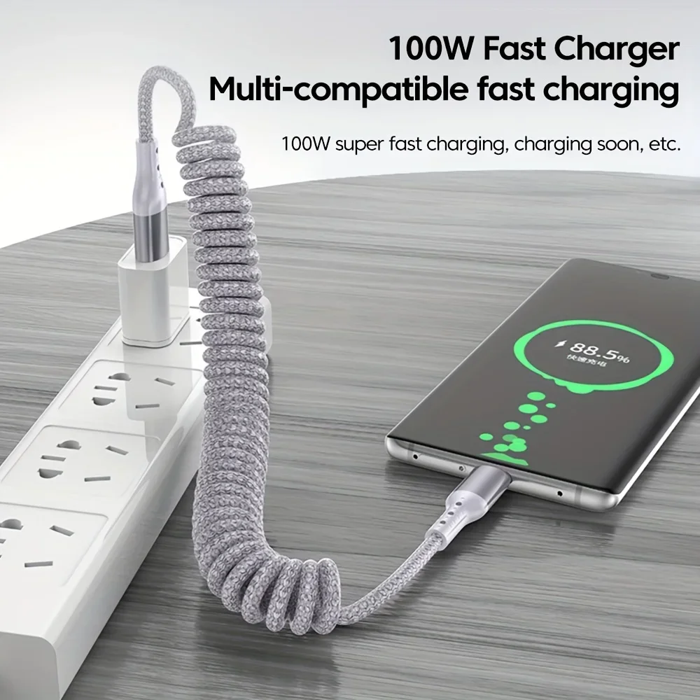 25CM To 1.5M Car Spring Charge Cable 100W Fast Charging USB C To Type C Cable For iPhone 16 15 Huawei Xiaomi Samsung Type C Cord