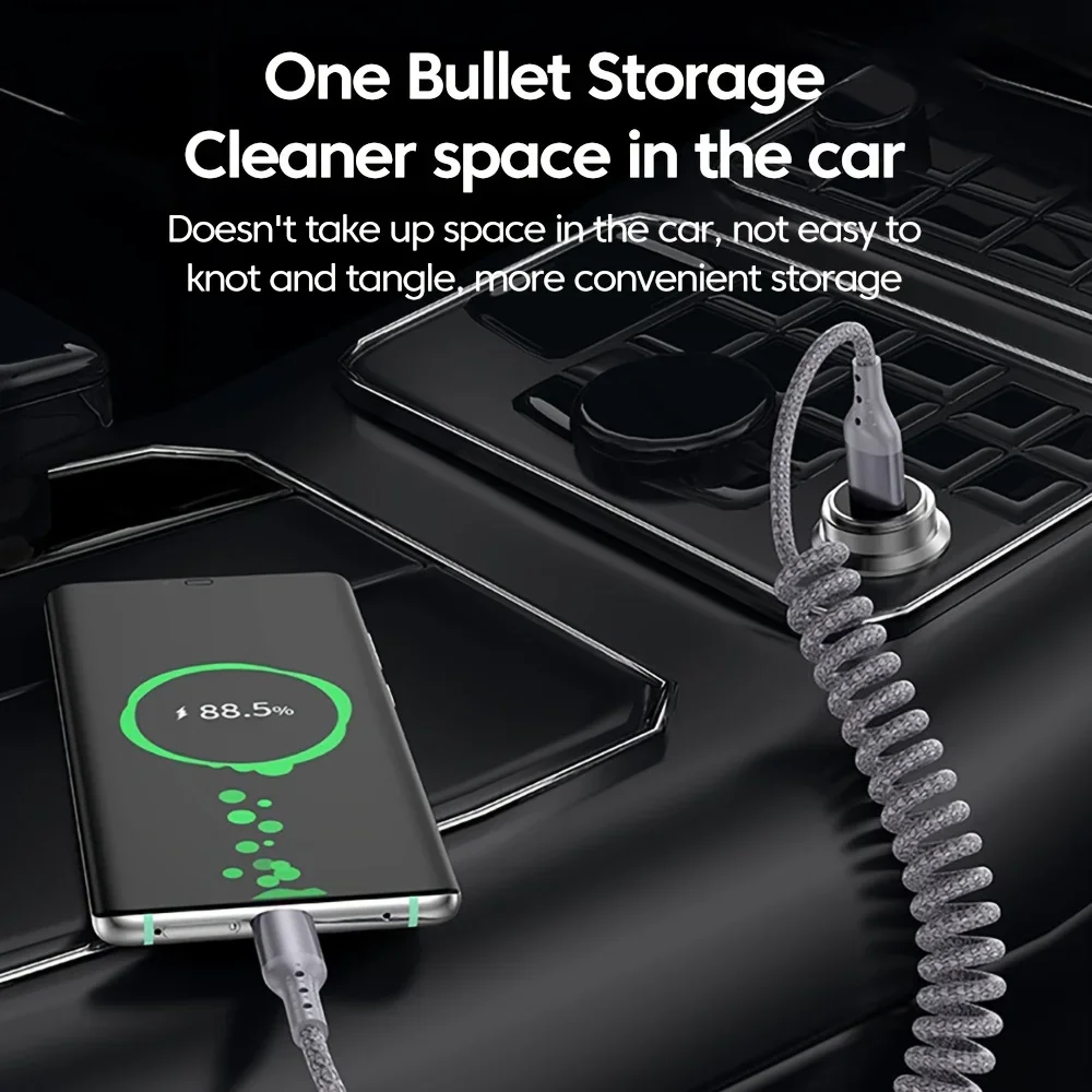 25CM To 1.5M Car Spring Charge Cable 100W Fast Charging USB C To Type C Cable For iPhone 16 15 Huawei Xiaomi Samsung Type C Cord