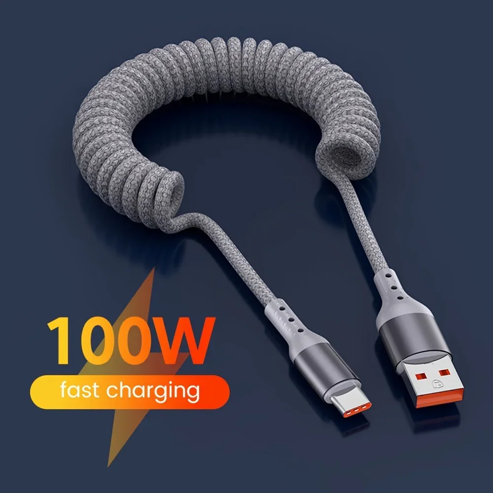 25CM To 1.5M Car Spring Charge Cable 100W Fast Charging USB C To Type C Cable For iPhone 16 15 Huawei Xiaomi Samsung Type C Cord