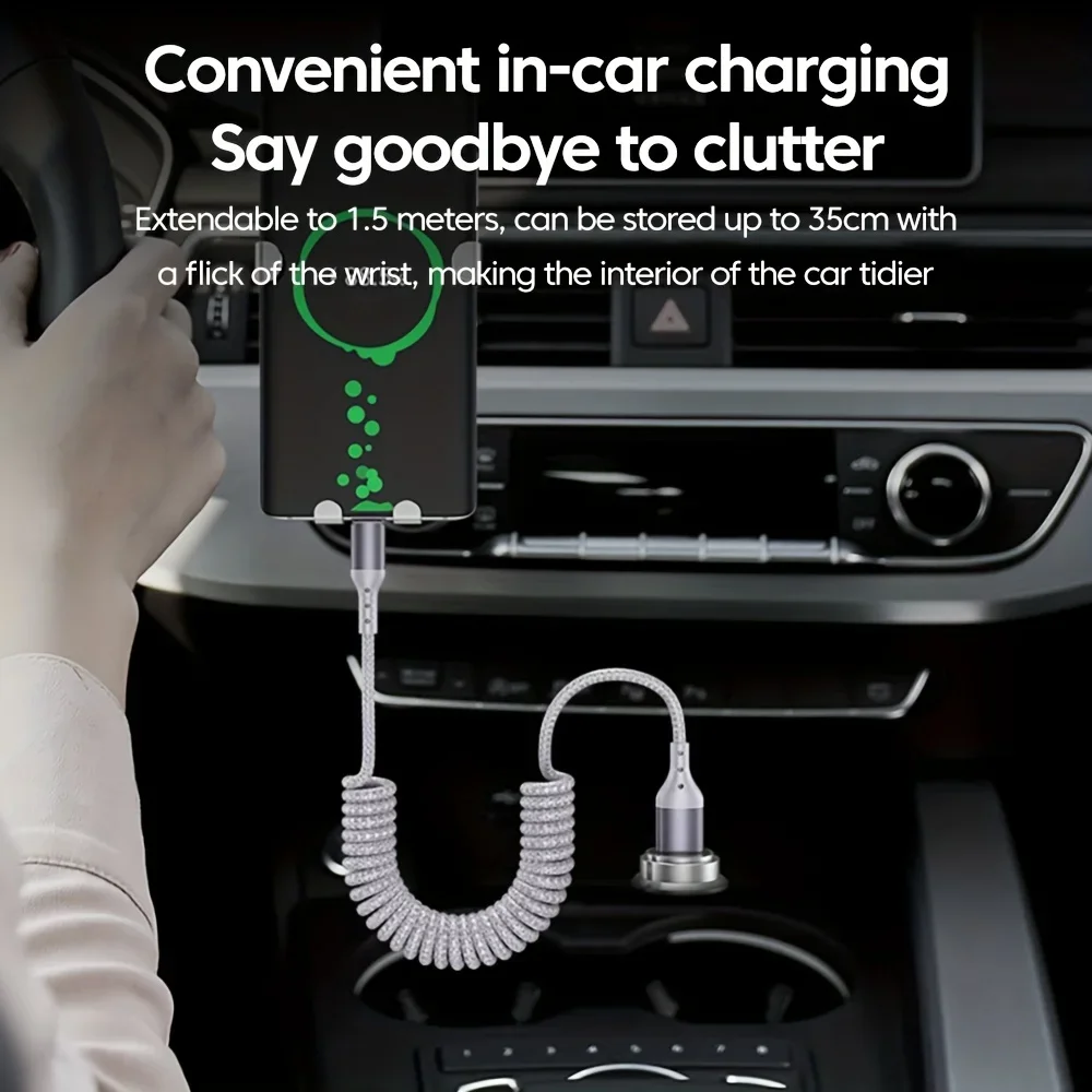 25CM To 1.5M Car Spring Charge Cable 100W Fast Charging USB C To Type C Cable For iPhone 16 15 Huawei Xiaomi Samsung Type C Cord