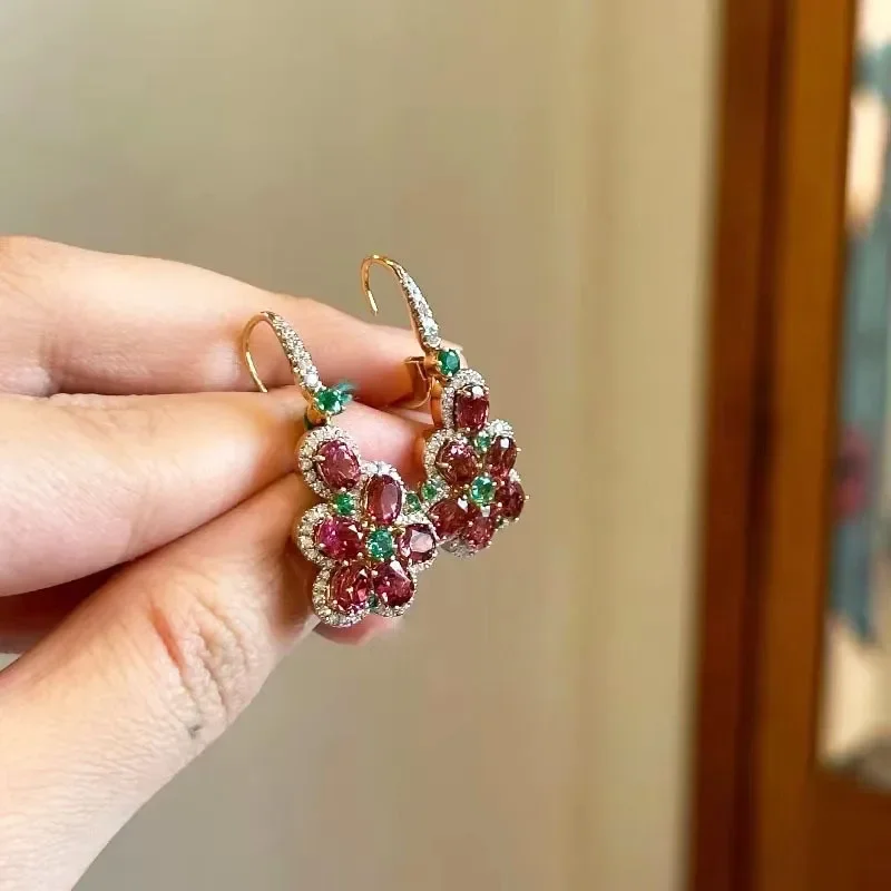 Sweet Dazzling Pastoral Style Showy Red Gem Flower Earrings for Women rings Small Exquisite Earings Wedding jewellery set