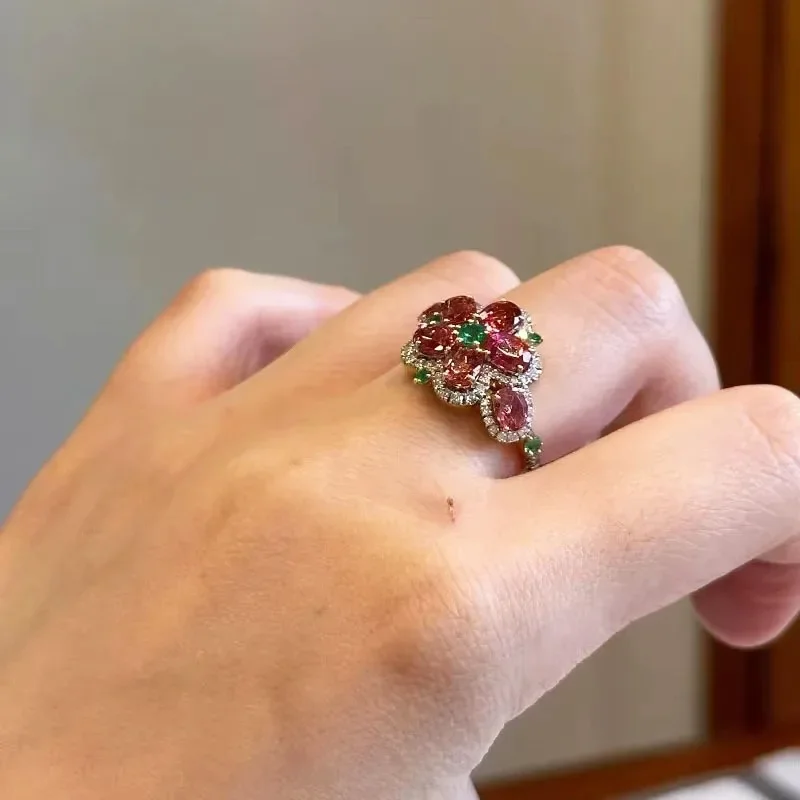 Sweet Dazzling Pastoral Style Showy Red Gem Flower Earrings for Women rings Small Exquisite Earings Wedding jewellery set