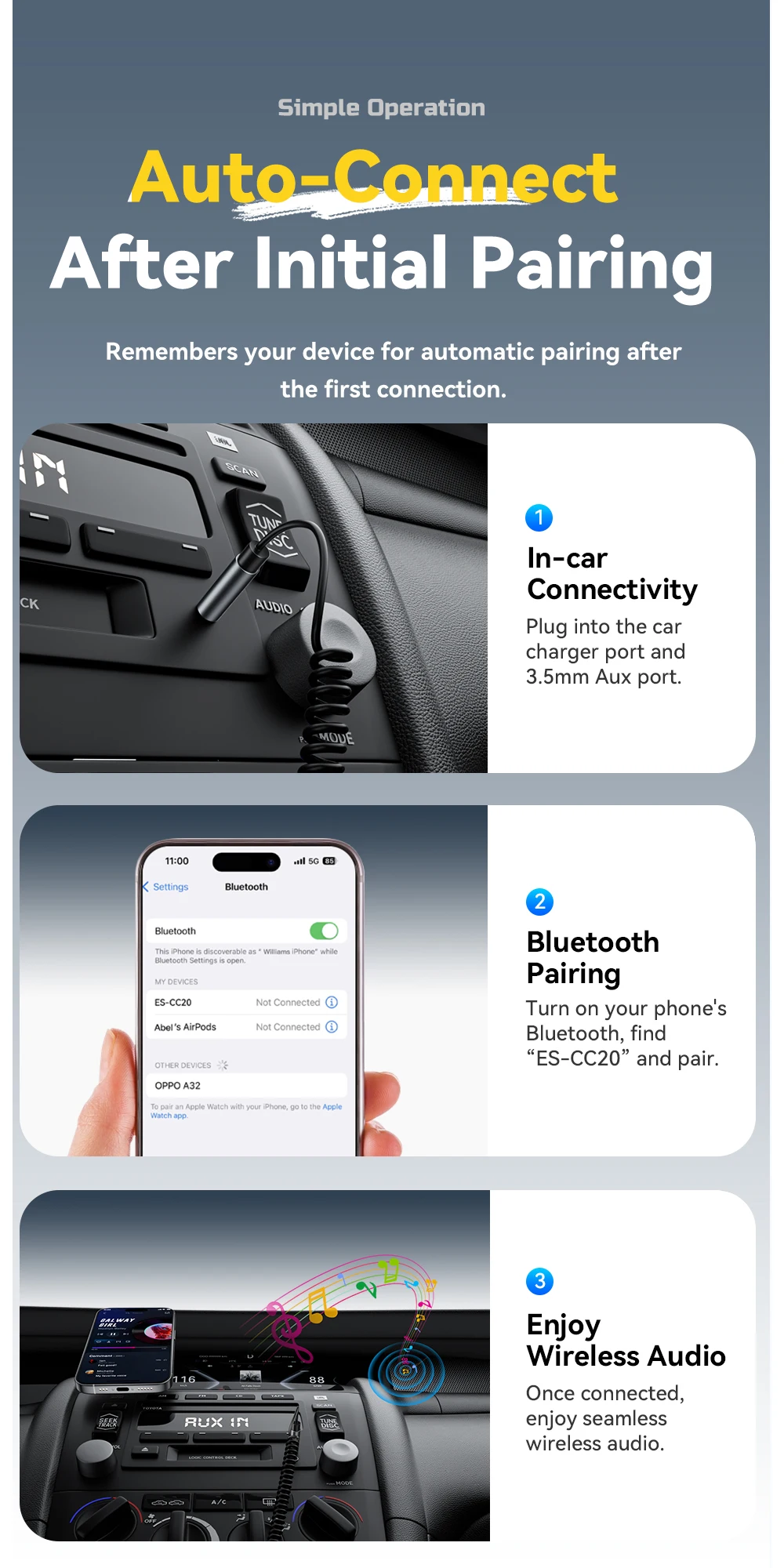 Essager 35W Dual Port Car Charger Bluetooth 5.3 AUX Retractable 3.5mm Jack Cable Fast Charge for iPhone 16 Huawei Xiaomi Samsung