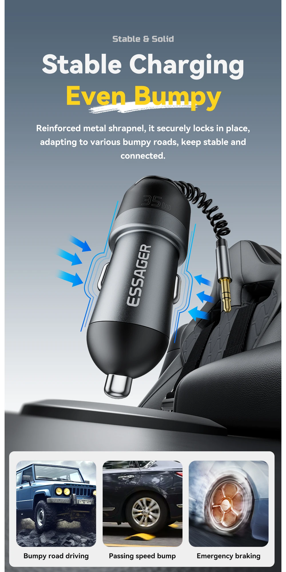 Essager 35W Dual Port Car Charger Bluetooth 5.3 AUX Retractable 3.5mm Jack Cable Fast Charge for iPhone 16 Huawei Xiaomi Samsung