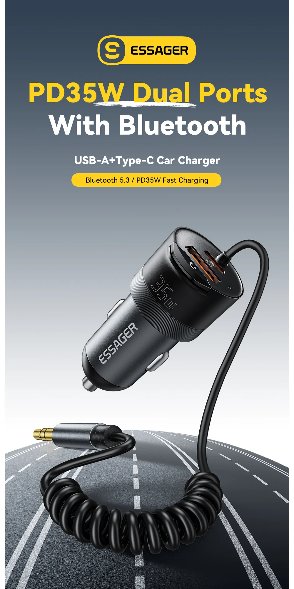 Essager 35W Dual Port Car Charger Bluetooth 5.3 AUX Retractable 3.5mm Jack Cable Fast Charge for iPhone 16 Huawei Xiaomi Samsung