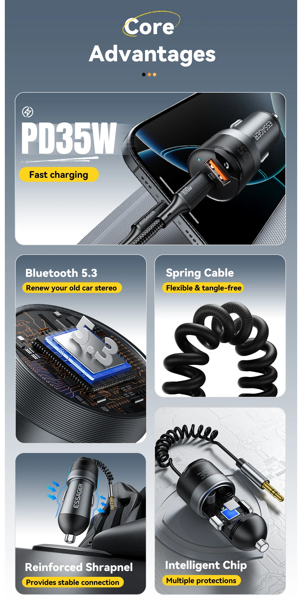 Essager 35W Dual Port Car Charger Bluetooth 5.3 AUX Retractable 3.5mm Jack Cable Fast Charge for iPhone 16 Huawei Xiaomi Samsung