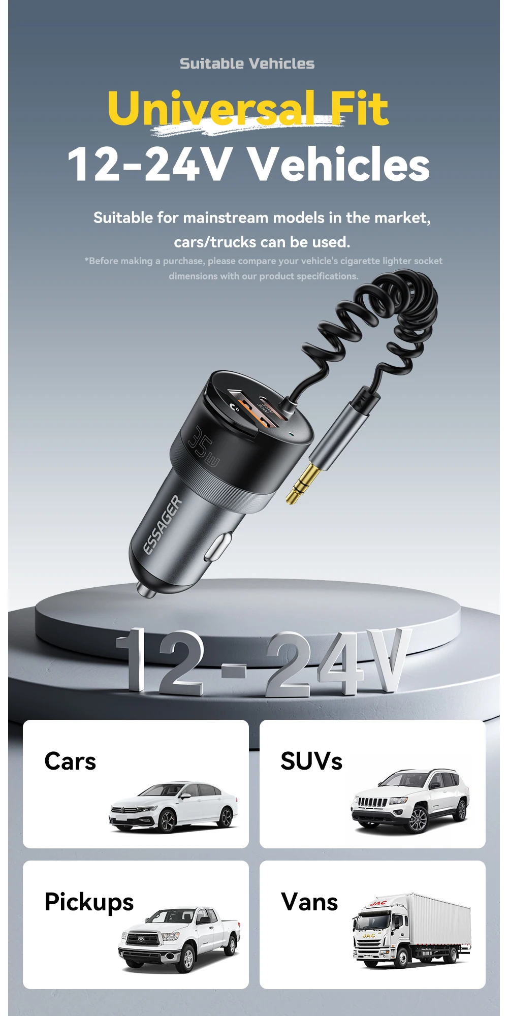 Essager 35W Dual Port Car Charger Bluetooth 5.3 AUX Retractable 3.5mm Jack Cable Fast Charge for iPhone 16 Huawei Xiaomi Samsung